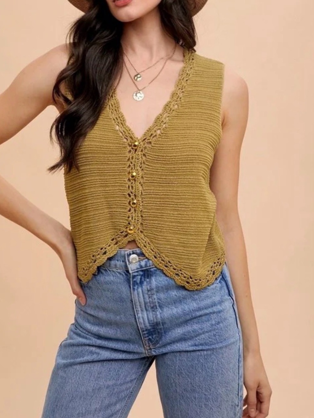 Anniewear Crochet Trim Scalloped Vest NWT Avocado Green Vintage Style Summer